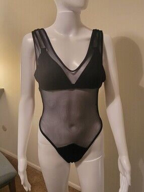 Black Sheer Mesh One-Piece Swimsuit Size Medium Open Back